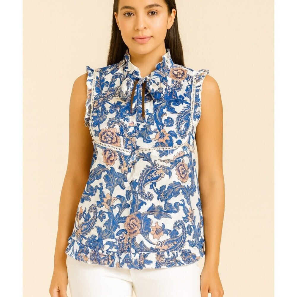 NEW TDDPSSHDP Paisley button up neck tie blouse SZ L Lightweight fabric blue